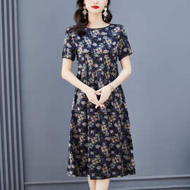 夏季新款真丝中长款连衣裙桑蚕丝小个子时髦印花百搭宽松妈妈裙子