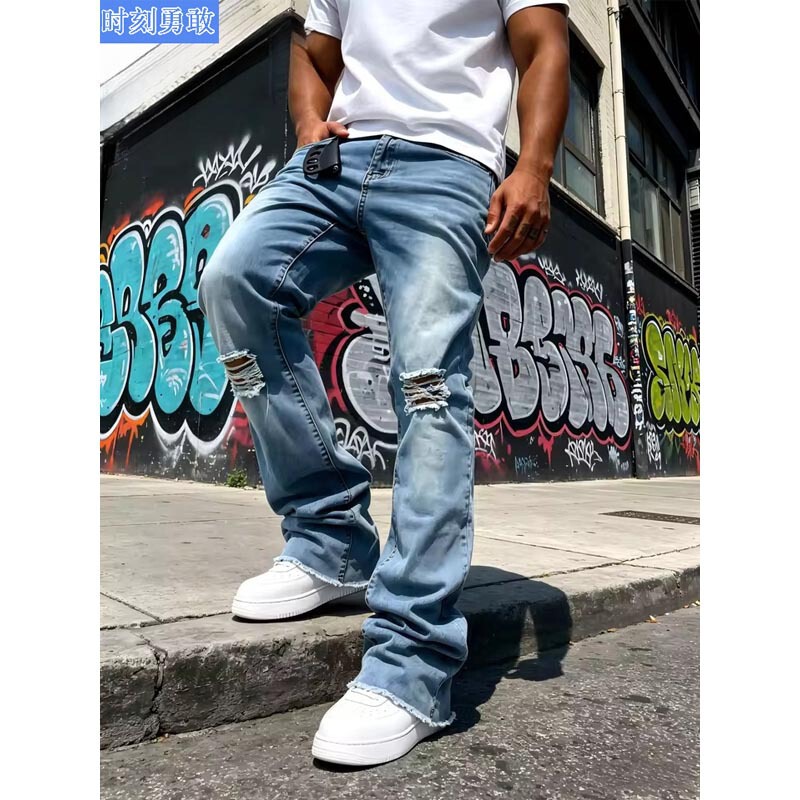 HME men's light blue jeans, with ripped knees and frayed hem, street style denim pants HME men's light blue jeans, with ripped knees and frayed hem, street style denim pants
