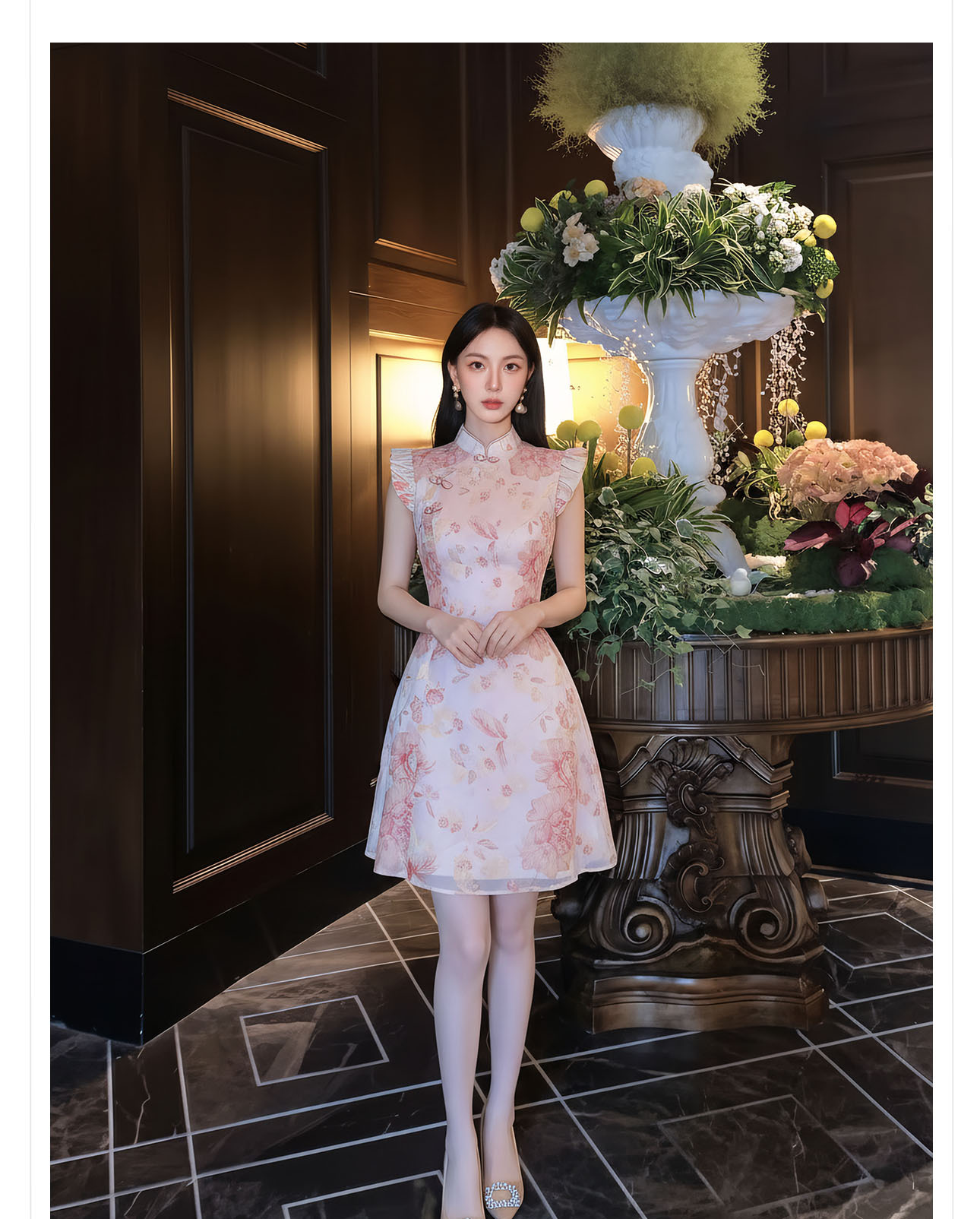 Đầm maxi nữ thắt eo họa tiết hoa nhí tay bèo phong cách Tân Trung Quốc — màu hồng chi tiết 8