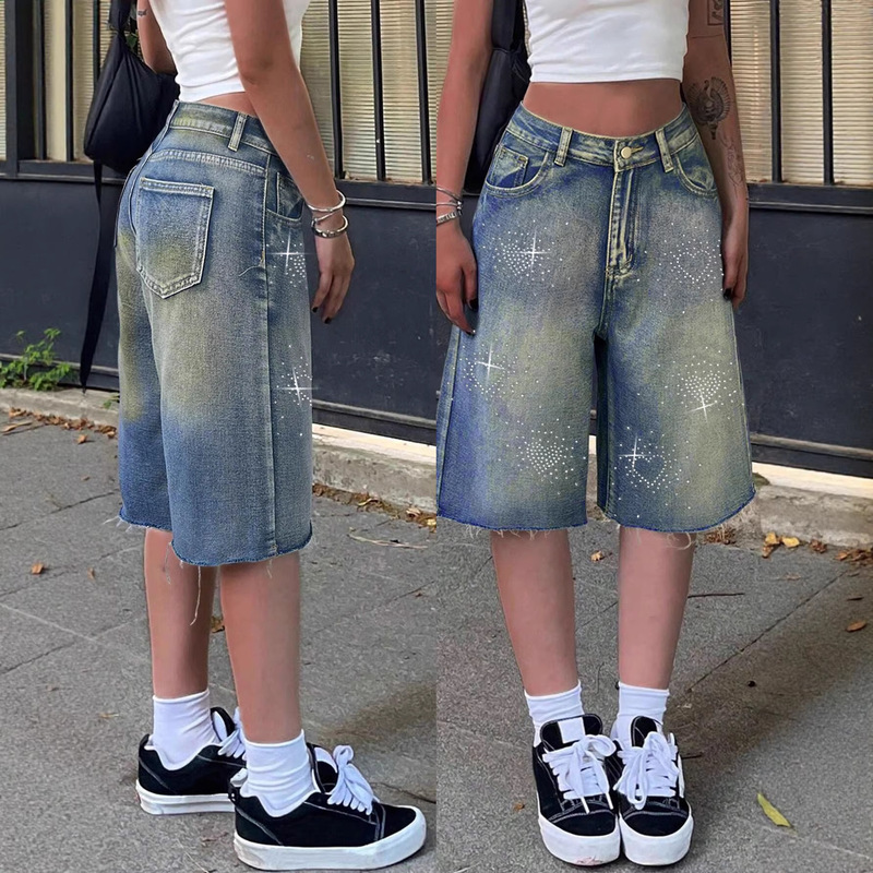 2026 Spring/Summer Y2K Retro Diagonal Pocket Wide-Leg Bermuda Denim Shorts Casual Shorts