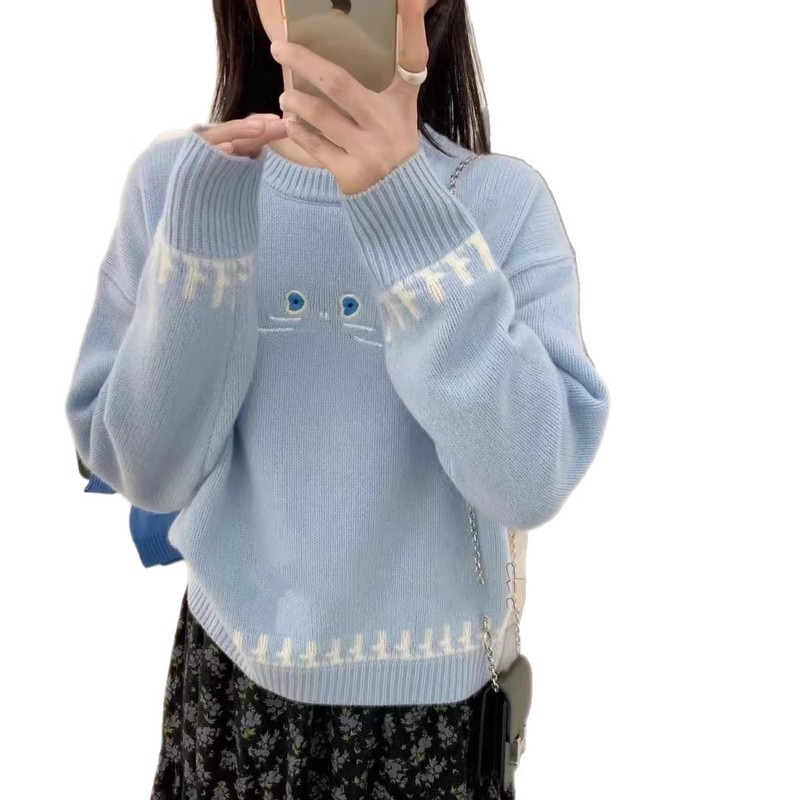 秋冬新款韩版宽松显瘦慵懒风圆领套头毛衣女百搭针织衫上衣打底衫|undefined