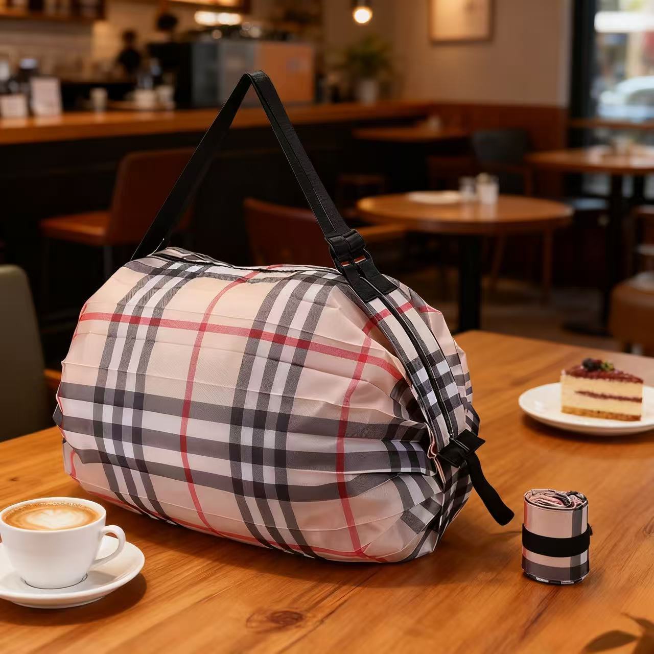 카키 체크무늬 접이식 아코디언 백 50*35CM