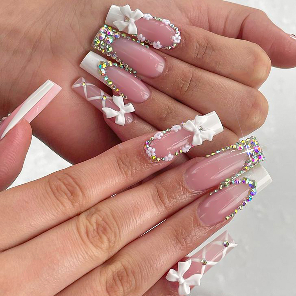 Cross-Border 24-Piece White French-Style Bowknot Wearable Nails with Rhinestones and Small Flower Bows, Detachable Women's Nail Tips
