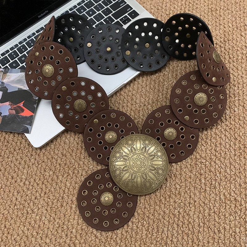 Cinturón de remache occidental retro estilo étnico femenino cinturón bohemio con falda pantalones con sello de cintura accesorios marrón