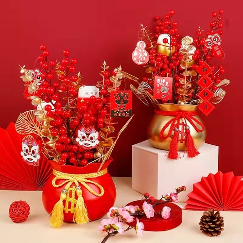 New Year's Fortune Pot, Chinese Fortune Insert Flower Pot, Metal Iron Pot, Flower Pot for Planting, Decorative Pot with Silver Willow and Wintergreen, Hug Pot, Red