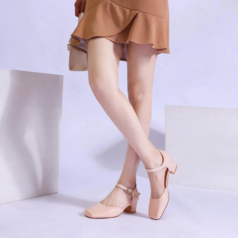 Giày cao gót nữ mũi vuông cổ điển gót thô 3–6 cm quai ngang hở mu bàn chân — bạc, màu mơ, màu nâu, màu đỏ chi tiết 10