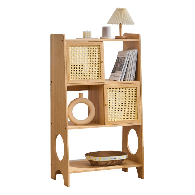 Estantería de ratán de estilo japonés estantería de piso con puerta gabinete de almacenamiento de sala de estar creativa Gabinete de exhibición de múltiples capas