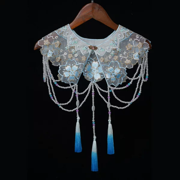 Blue Hanfu Cloud Shoulder Cape, New High-End Chinese Style Decorative Fake Collar for Women, Tassel Dress Shawl, National Style