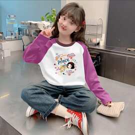 女童2025年纯棉长袖T恤春秋新款韩版卡通印花插肩上衣女孩打底衫