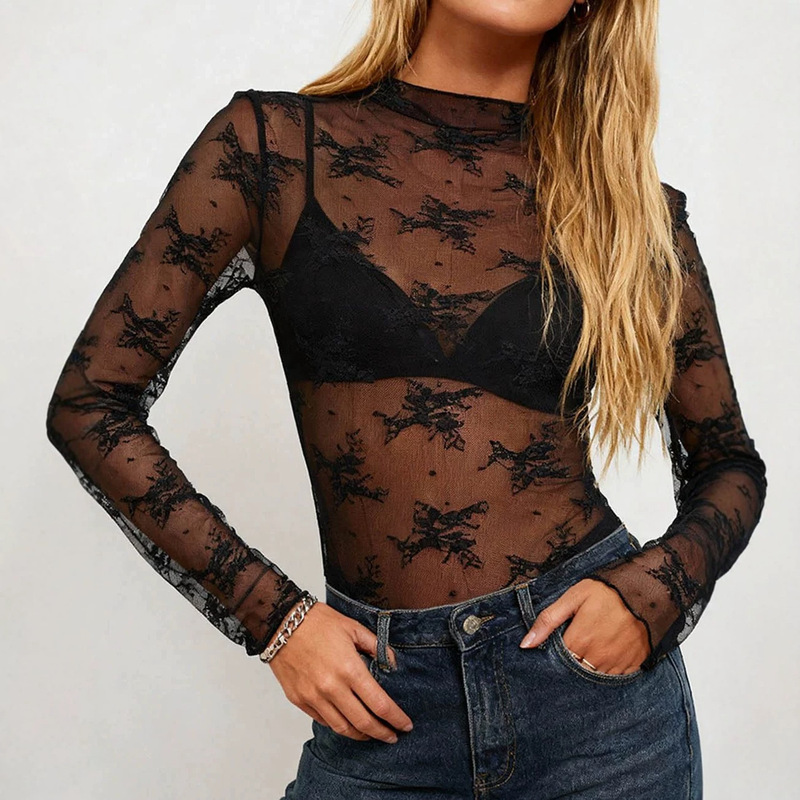 2026 European and American Cross-Border New Style Women's See-Through Mesh Fashion Trendy Sexy Floral Lace Long-Sleeve Top for Women 2026 European and American Cross-Border New Style Women's See-Through Mesh Fashion Trendy Sexy Floral Lace Long-Sleeve Top for Women