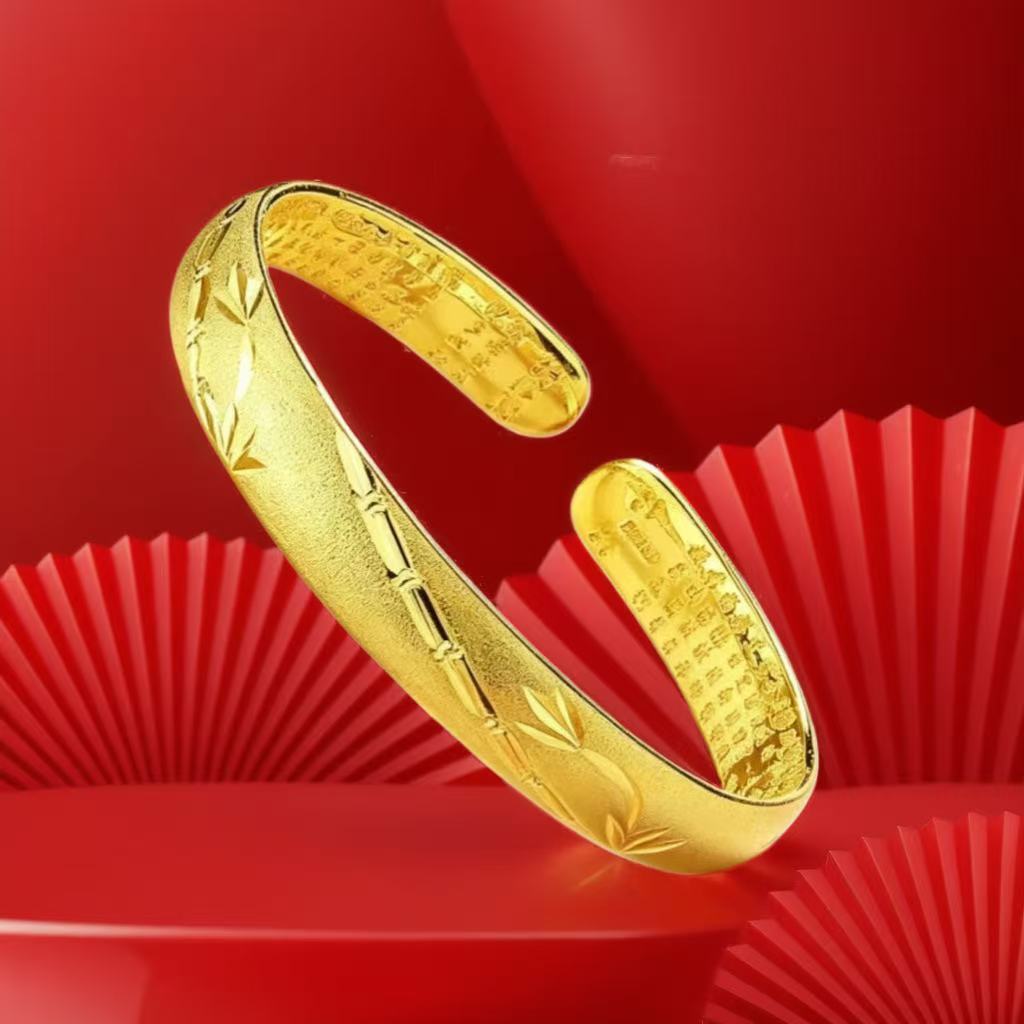 Traditional bamboo joint open bracelet with bamboo leaf design, inner wall engraved with the Heart Sutra, symbolizing continuous progress, wedding imitation gold jewelry, live streaming supply