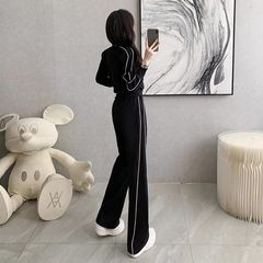 欧货炸街休闲运动套装女秋2025新款黑色时尚开衫卫衣阔腿裤两件套