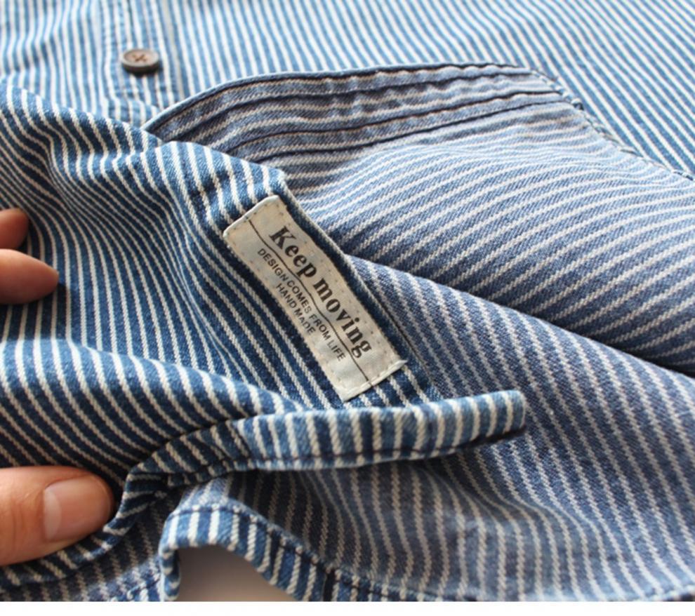 Vintage-Jeanshemd für Herren – Schweres, gestreiftes Langarm-Freizeithemd mit zwei Taschen, lockerer Passform, Polyester-Mischgewebe_voghion.com