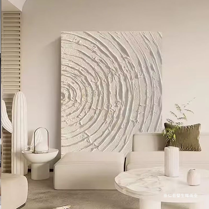 手绘油画奶油风米白色客厅背景墙装饰画丙烯石英砂立体肌理画摆件
