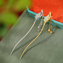 悦宝珠宝S925纯银镀金和田玉复古做旧莲花莲蓬流苏发簪两世欢银簪