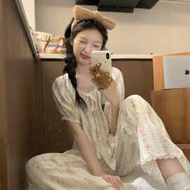 实拍夏季新款睡衣女韩系温柔花色简约花边短袖长裤套装休闲家居服