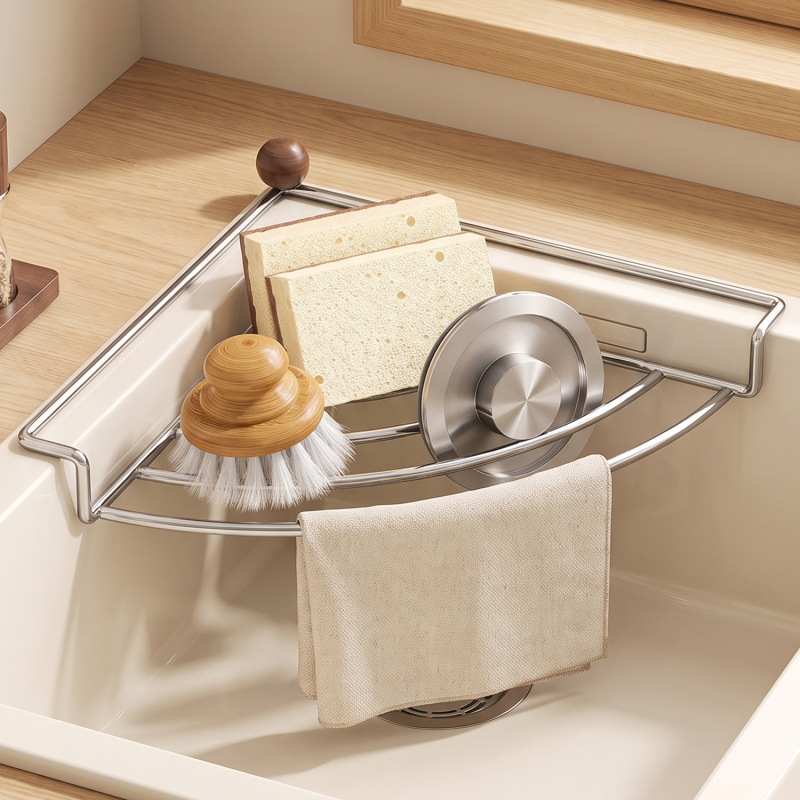 New stainless steel sink drain rack, kitchen corner storage shelf, sink sponge, steel wool, and cloth holder New stainless steel sink drain rack, kitchen corner storage shelf, sink sponge, steel wool, and cloth holder