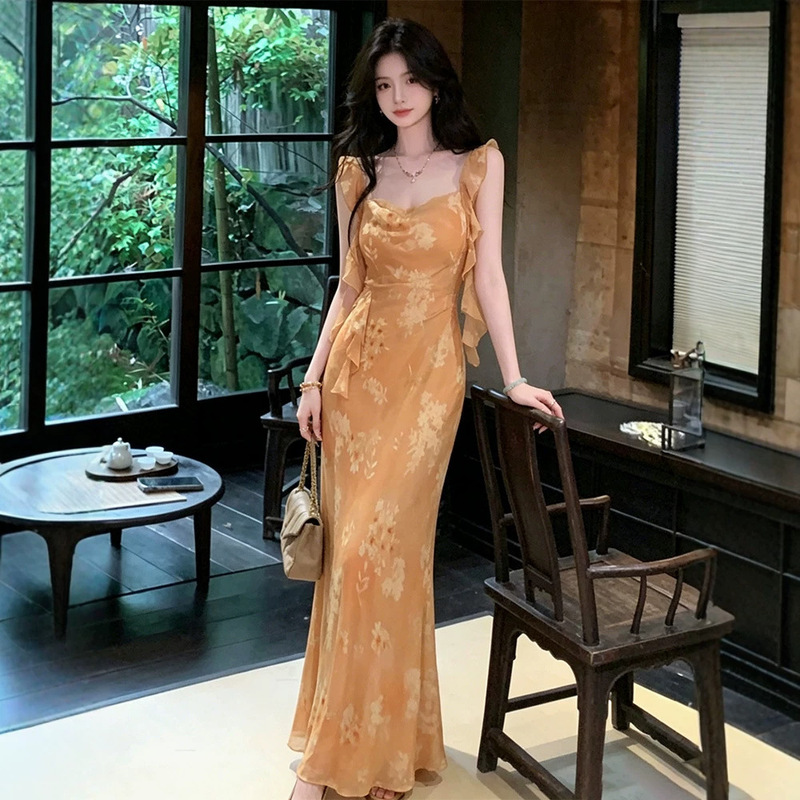【Spring Water Condensation】Summer New Style Women's Long Dress with Flying Sleeves, Integrated Ruffle Chiffon, and Printed Slim Fit Design