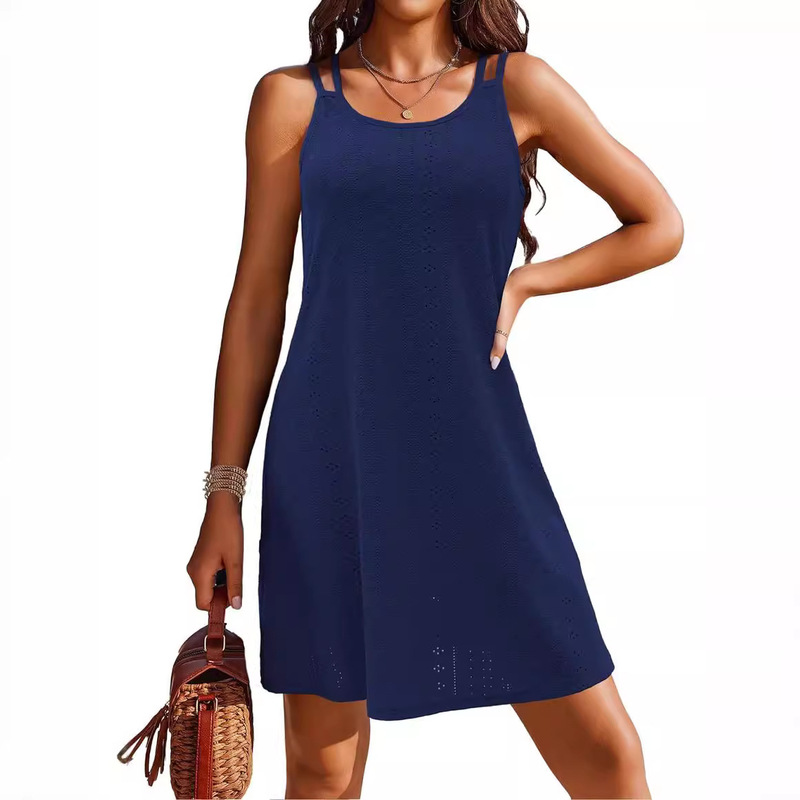 2024 European and American Women's Spaghetti Strap Eyelet Embroidery Scoop Neck Sleeveless Casual Summer Dress Bikini Cover Up