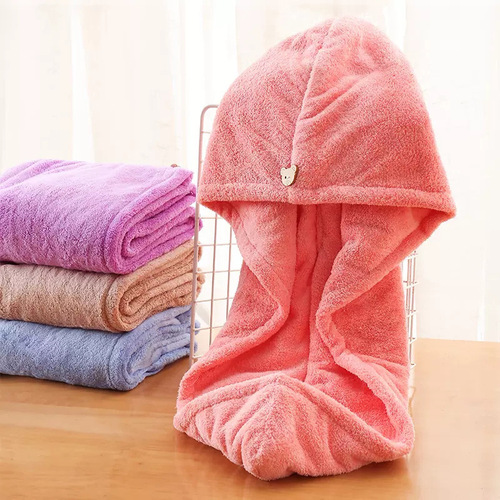 Household plain cartoon water-absorbent quick-drying hair towel double-layer coral velvet shower cap dry hair cap for women thickened and super strong