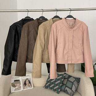 AliExpress casual fashion stand collar leather 2025 spring new Korean version of all-match sense thin coat coat women