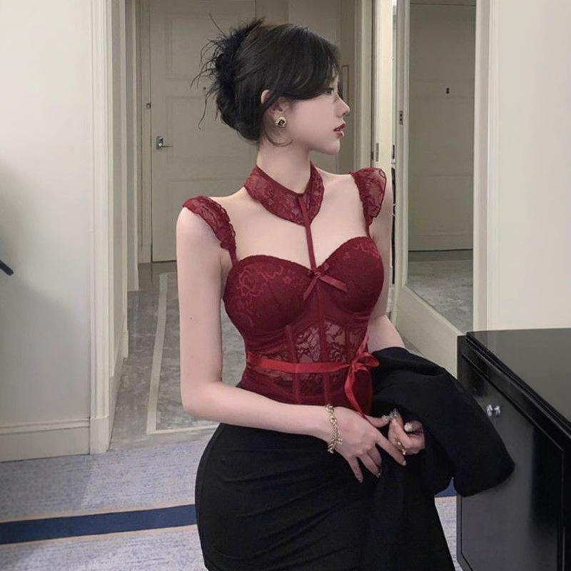 New Style Pure Desire Style Lace Neck Small Camisole Women's Wear Short Top with Chest Pad Fish Bone Outer Wear