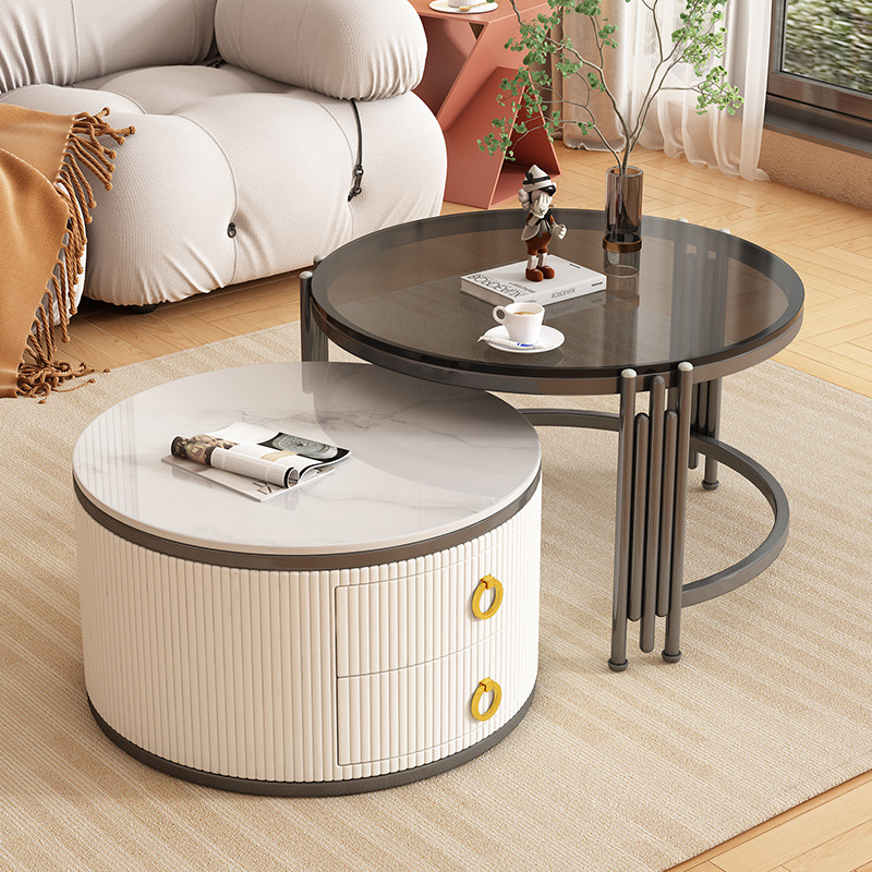 Tabla de té moderna de vidrio de roca personalizada combinación de tamaño para sala de estar simple retráctil redonda pequeña casa adecuada