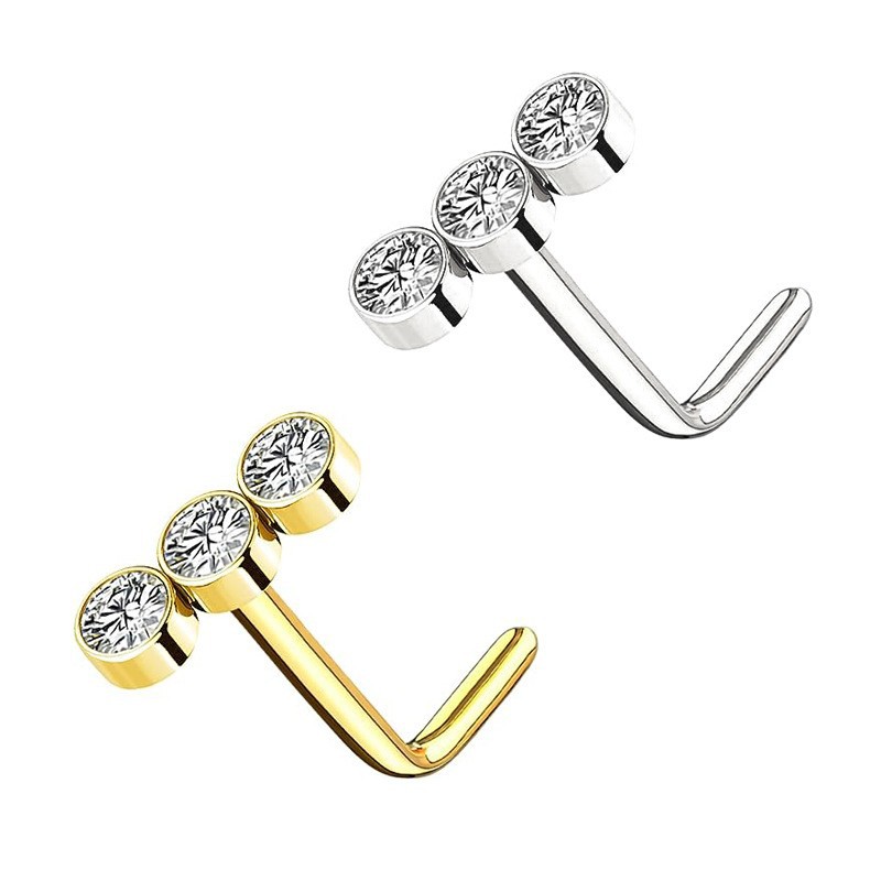 Stainless Steel Nose Stud With Three Diamonds One-word Design_voghion.com
