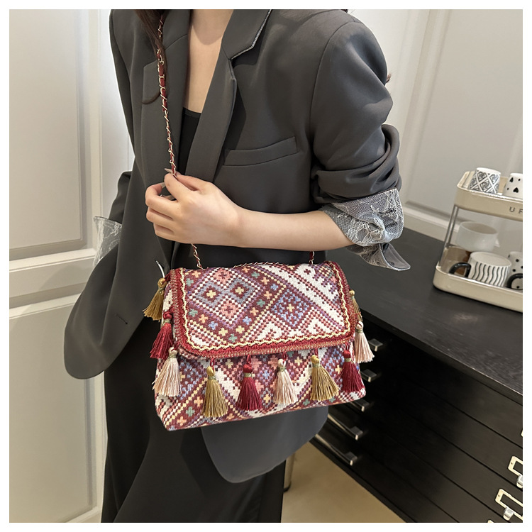 336g Weight Flip Cover Closure Type Single Shoulder Strap Strap Type Shoulder Bag Bags Type Casual, Holiday Occasion Cloth Material Geometric Pattern All Seasons Season Women's Gender Elegant, Ethnic Style Style Square Shape Women's Cloth Geometric Elegant Ethnic Style Square Flip Cover Shoulder Bag 14