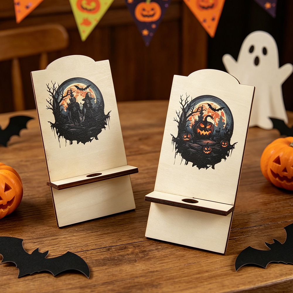 Holder de madera para teléfonos móviles de Halloween, marco de carga multipropósito desmontable, marco de soporte de escritorio plano para decoración del festival fantasma