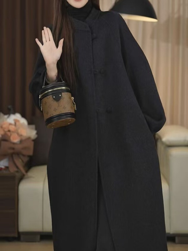 濮院新中式简约宽松温柔风立领扣子时尚百搭长款羊毛大衣毛呢外套|undefined
