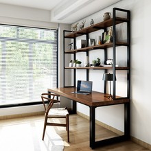 简约书桌书架组合家用一体桌小户型工业风实木电脑桌双人
