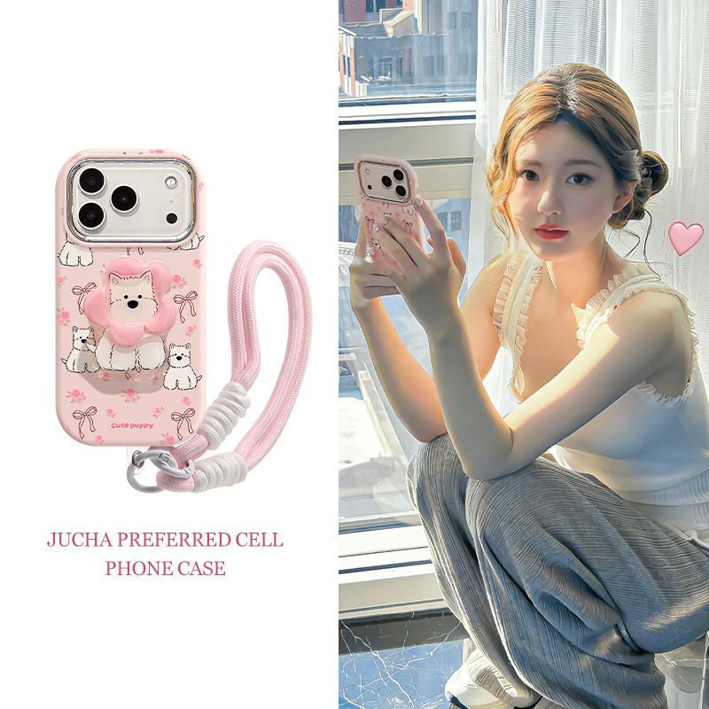 Suitable for Iphone17Pro Mobile Phone Case Artistic and Cute Apple 16Plus with Lanyard 15 Pink Flower West Highland Suitable for Iphone17Pro Mobile Phone Case Artistic and Cute Apple 16Plus with Lanyard 15 Pink Flower West Highland