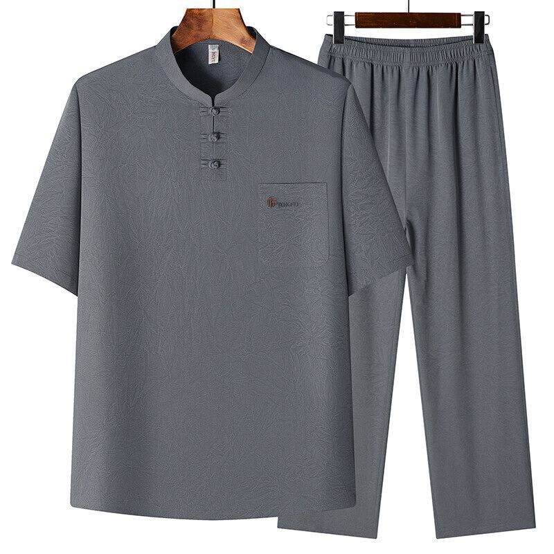 Chinese Style Tang Suit for Middle-Aged and Elderly Summer Set, Dad Outfit, Grandpa Outfit, Morning Exercise Chinese-Style Button, Elegant Solid Color Embroidery