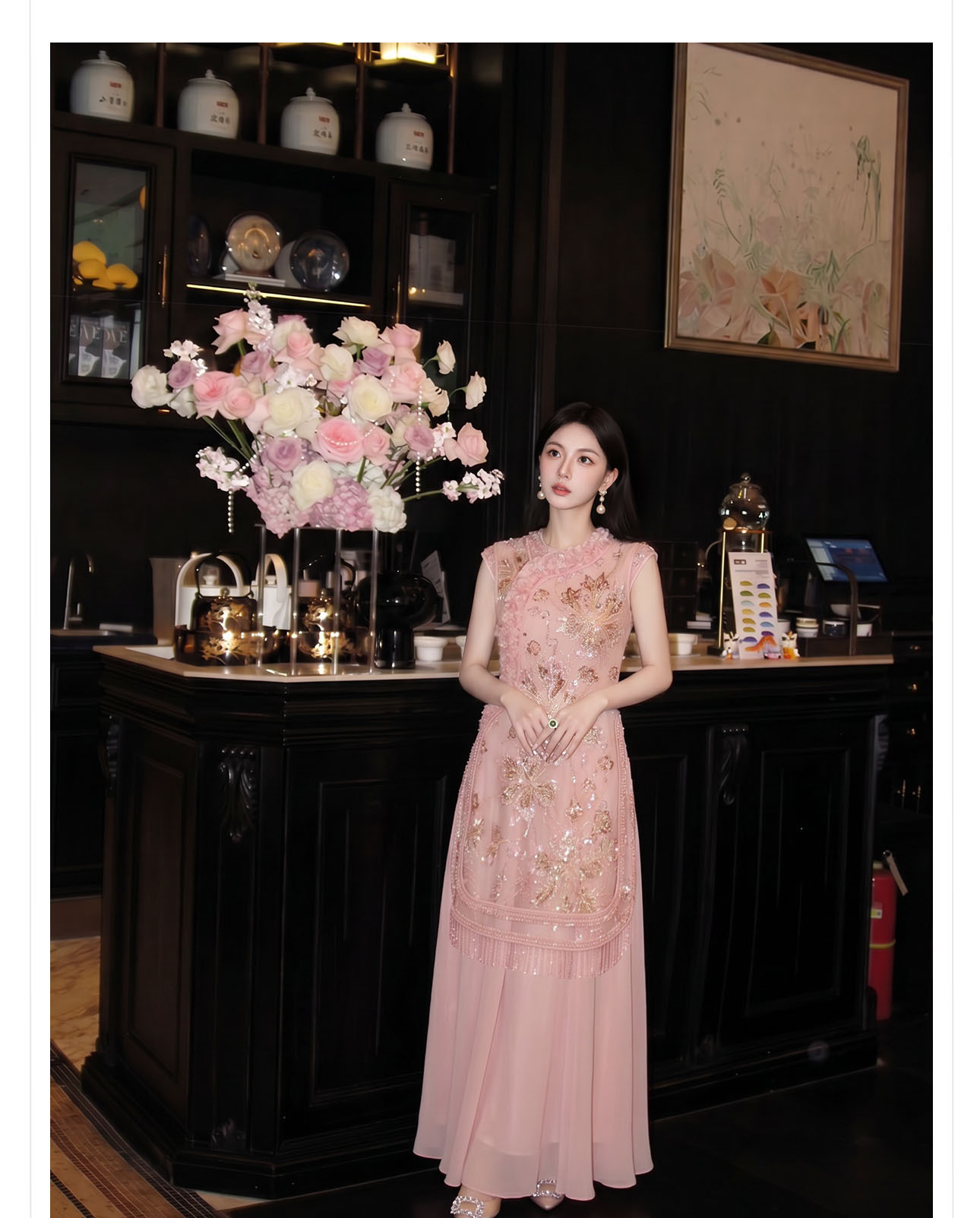 Đầm maxi nữ thắt eo thiết kế hoa nổi thêu ren cao cấp — màu hồng chi tiết 11