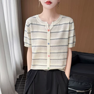 莱赛尔天丝条纹短袖女士夏薄款彩色扣子减龄宽松显瘦镂空上衣T恤