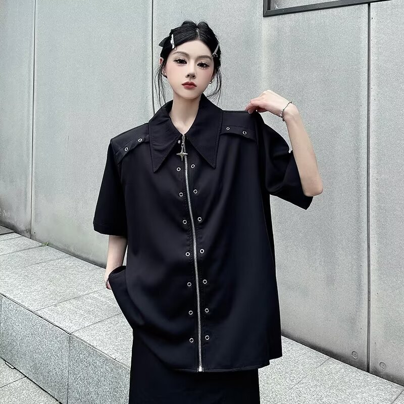 Summer Trendy Brand Advanced Sense Functional Wind-style Handsome Short-sleeved Shirt Women's Metal Standard Design Sense High Street Zipper Shirt Trendy