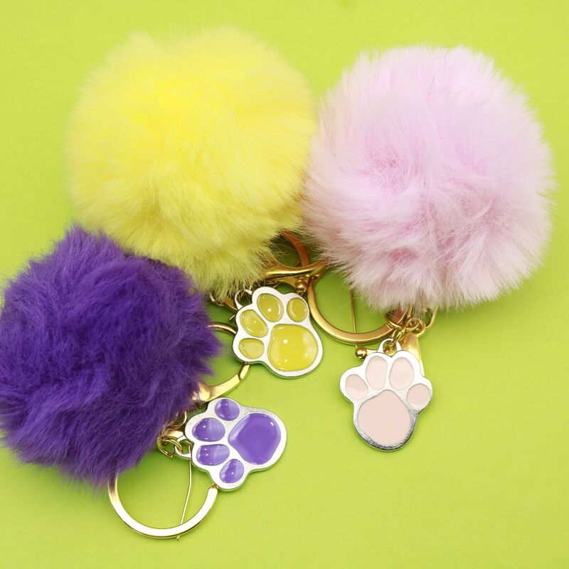 Fluffy Ball Paw Print Keychain, Colorful Pom-Pom Bag Charm, Cute Paw Print Gift Ornament