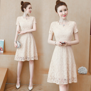 Real Shot of 2024 New Summer Style Large Size Waist Lace Collar Mid-Length Short-Sleeved Dress with Elegant and Large Hem Skirt
