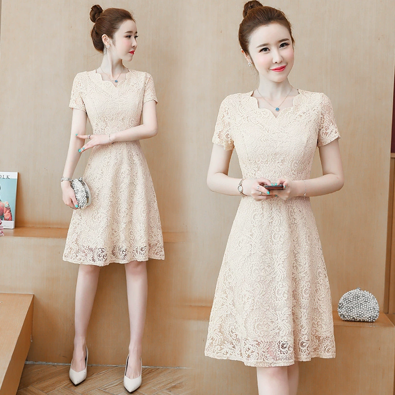 Настоящий снимок 2024, новое летнее стильное платье средней длины с кружевным воротником и короткими рукавами большого размера, элегантная юбка с большим подолом.