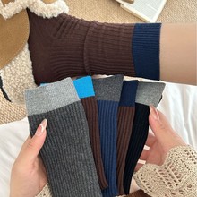 袜子女秋冬款中筒袜韩国潮流拼色双针堆堆袜网红同款复古高级长袜