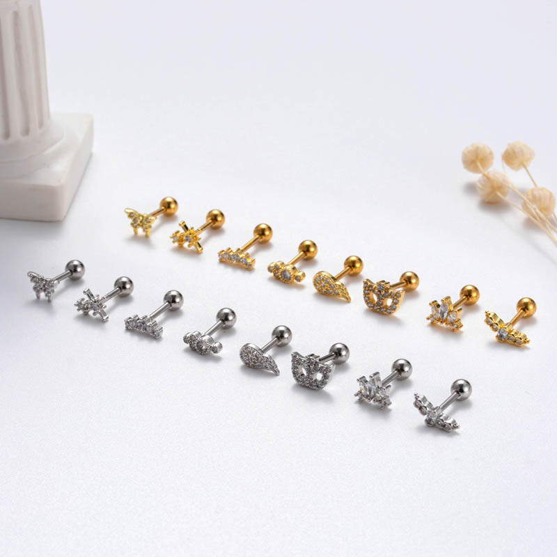 2 KOMADA Debeli nehrđajući čelik s mikro umetnutim cirkonom, maska za piercing kostiju s vijkom, kuglasti nokat za uho s uvijenim vijkom_voghion.com