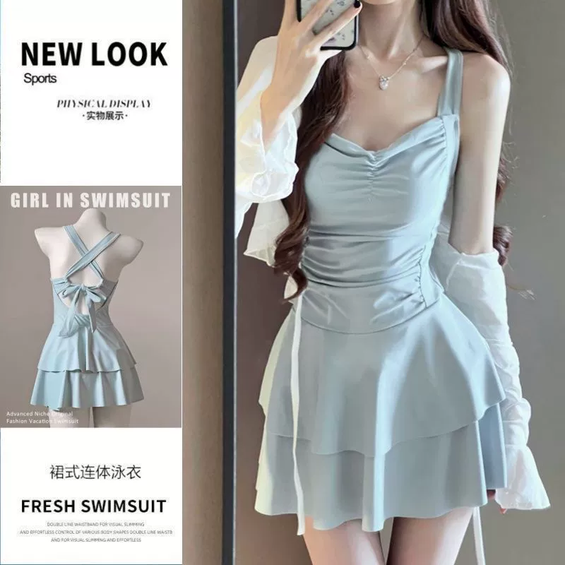 Купальник для женщин 2025, новый стиль, слегка толстый, синий, с завязками, сексуальный, с маленькой грудью, с воротником-стойкой, юбка, закрывающий живот, для похудения, цельный купальник