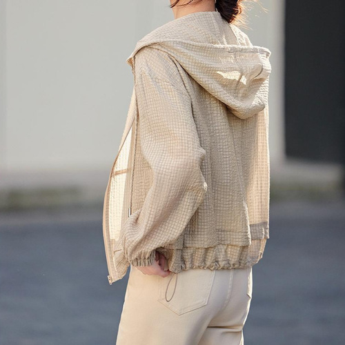 Textured Casual Hooded Jacket for Women - Spring Commute, Simple, Elegant, Versatile, Lightweight, Tencel Top