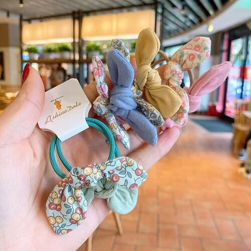 Spring Day Floral Hair Pin Cute Girl Fabric Rabbit Ear 3D Hair Clip Children Hair Accessory Princess Hair Ring Elastic