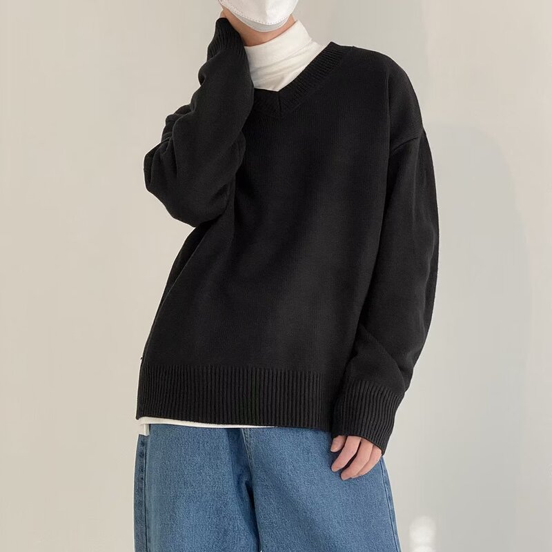 Autumn and Winter Korean style V-neck sweater men's solid color loose sweater Hong Kong style casual long sleeve bottoming shirt sweater fashion