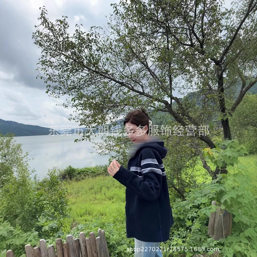 난유 D 편지 자카드 지퍼 후드 심플 패션 올매치 올드 플라워 양면 캐시미어 유니섹스