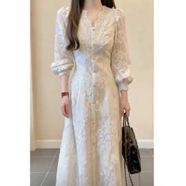 法式甜美蕾丝长袖连衣裙女春秋季新款修身显瘦气质温柔风打底裙子