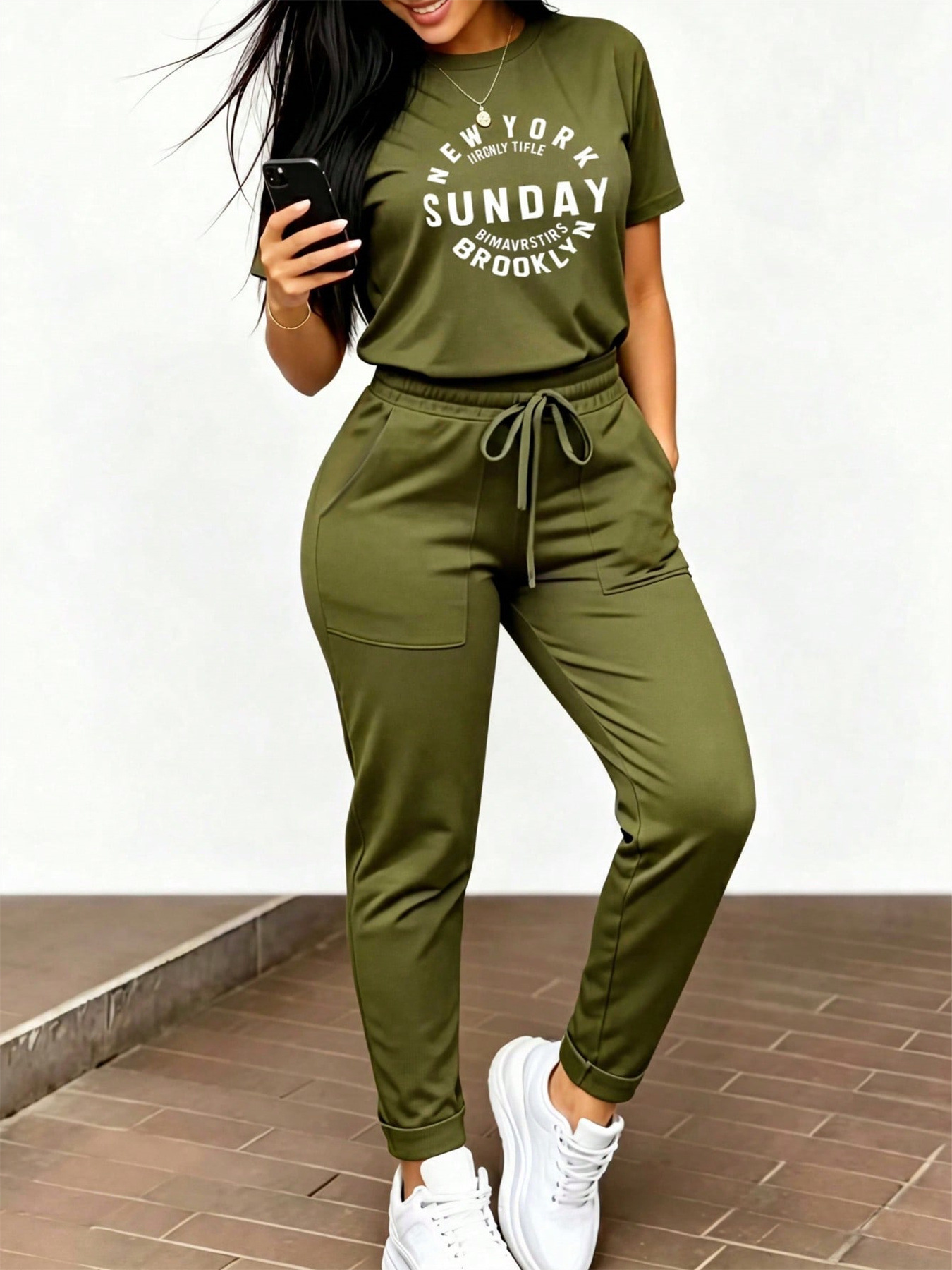 Women's Casual Suit Spring/Summer Solid Color Letter Print Crew Neck T-Shirt And Drawstring Elastic Waist Trousers Set_ecoleips.com