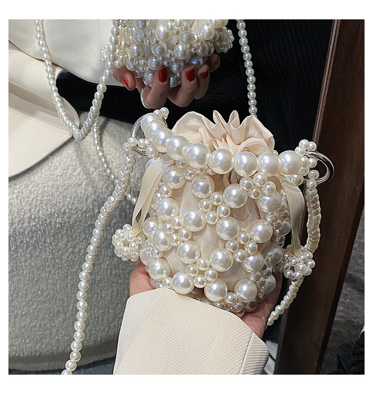 Solid Color Pvc Pearl Pull-belt Bucket Type White Handbags display picture 4